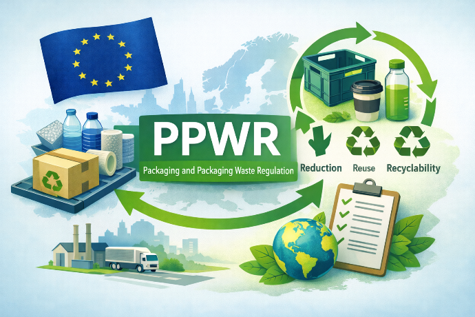 Infographie expliquant la réglementation européenne sur les emballages et les déchets d’emballages (PPWR) et la transition vers des emballages réutilisables et recyclables